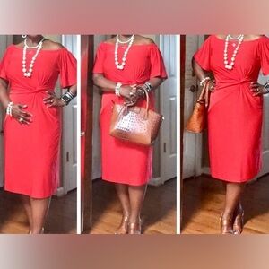 Red worn off  shoulders dress, fitted knotted area to the left side; size 12/14